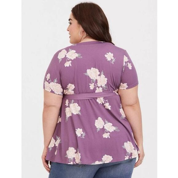Torrid Womens Plus 1X Dusty Purple Floral Babydoll Wrap Top Stretch Shirt NO TIE - Picture 9 of 10